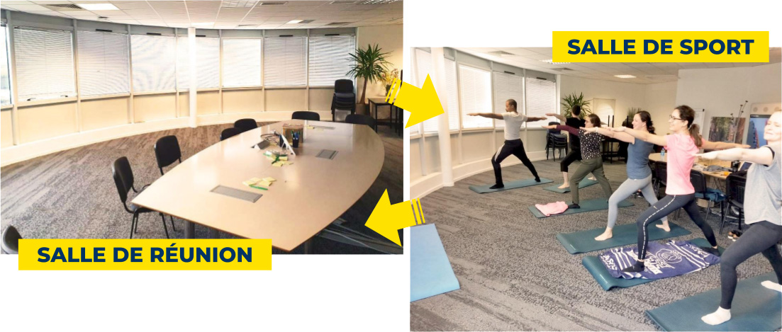 Montage photo d'une salle de réunion, en mode travail puis en mode salle de sport en entreprise