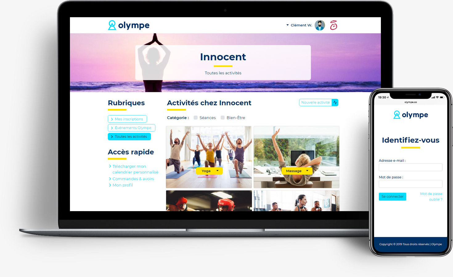 Capture d'écran de la plate-forme Olympe, présentant les activités disponibles sur ordinateur de bureau et la page d'identification sur mobile
