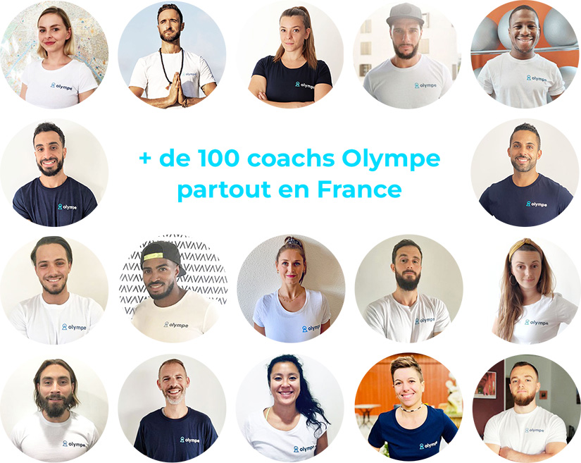 Plusieurs photos de coachs aux couleurs d'Olympe, illustrant le réseau de coach d'Olympe