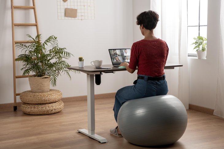 Photo d'une femme assise à son bureau sur un ballon de gym