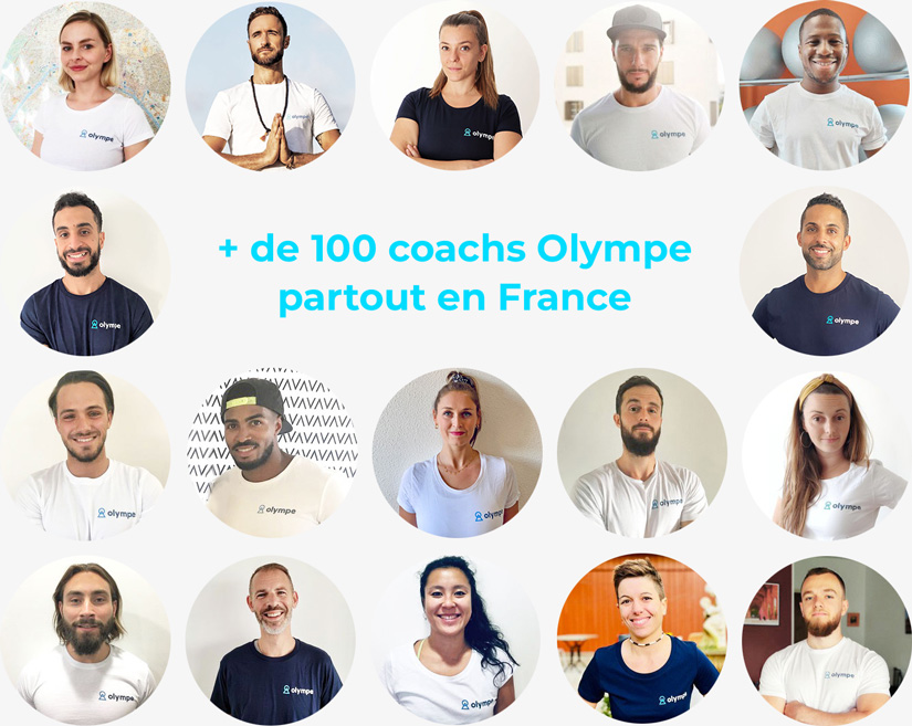 Plusieurs photos de coachs aux couleurs d'Olympe, illustrant le réseau de coach d'Olympe